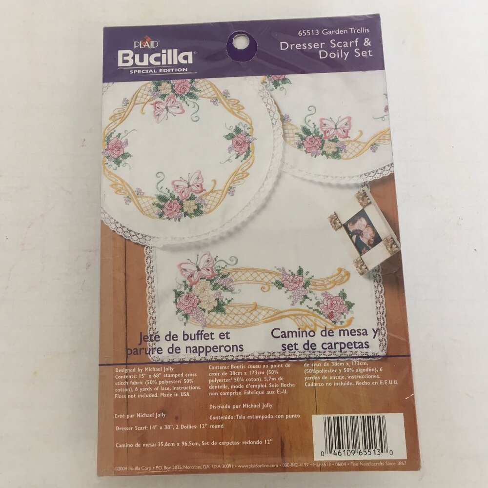 Bucilla special edition dresser scaft and doily set 65513 garden trellis stamped